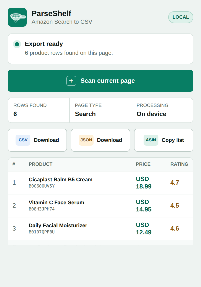 ParseShelf Amazon Search to CSV Chrome extension with CSV, JSON and ASIN export actions