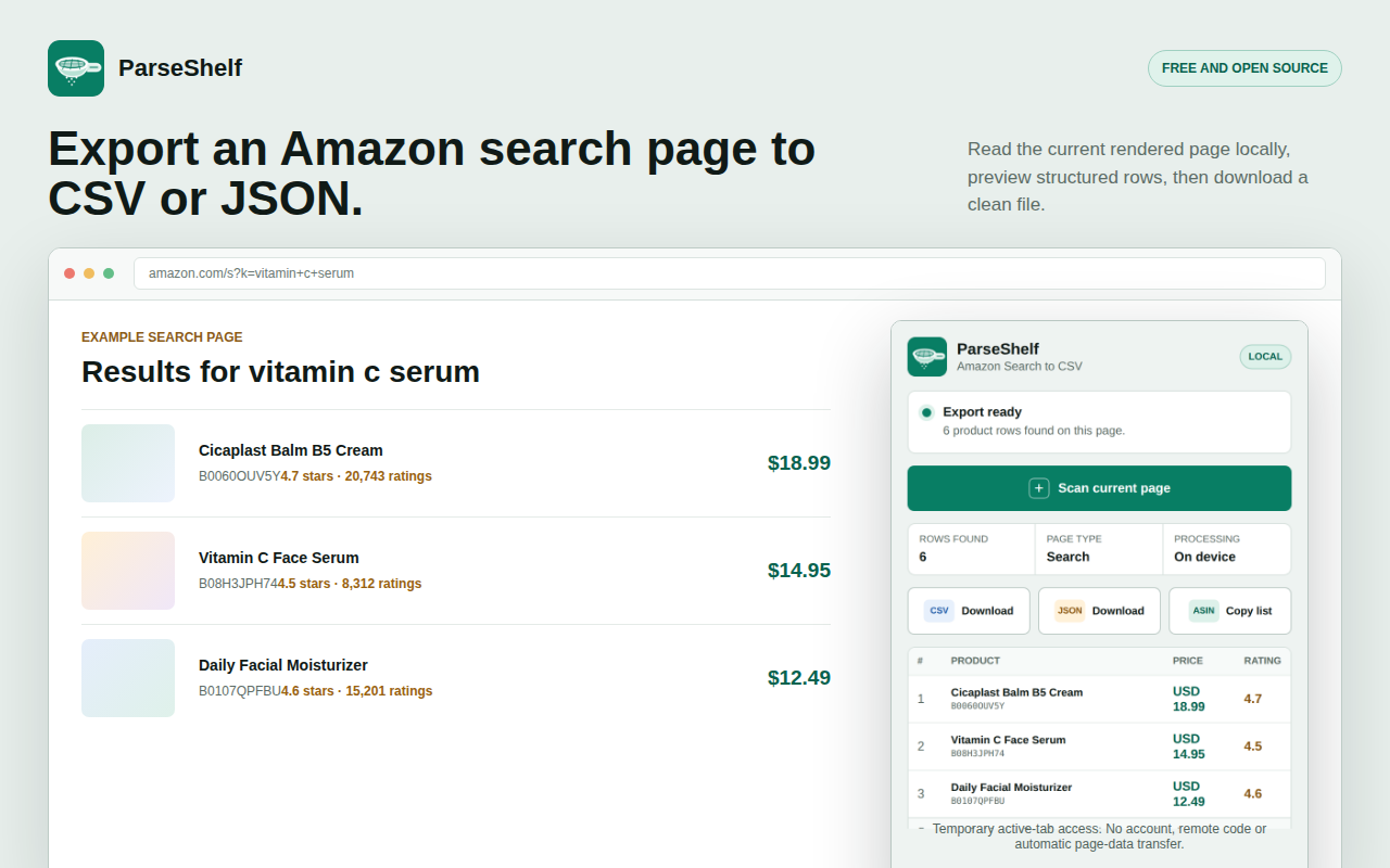 Amazon Search to CSV extension exporting an Amazon search page in the browser