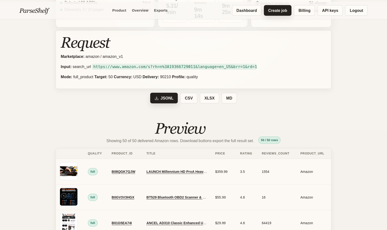 ParseShelf Amazon product rows and export controls